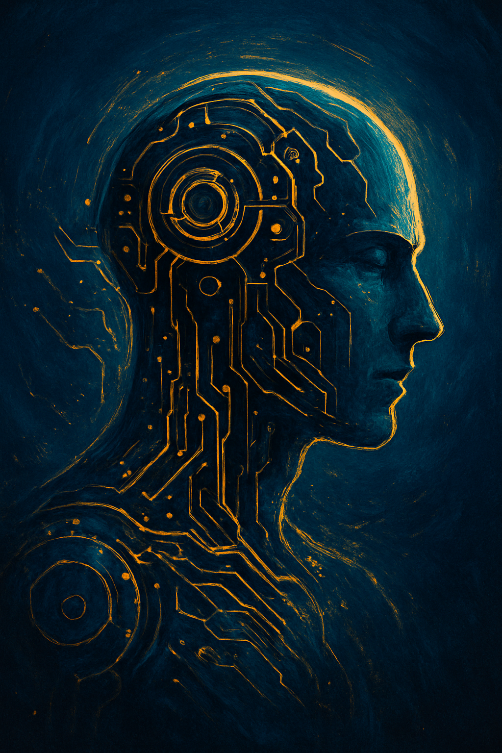 Futuristic illustration of a human and machine merging representing Anumis