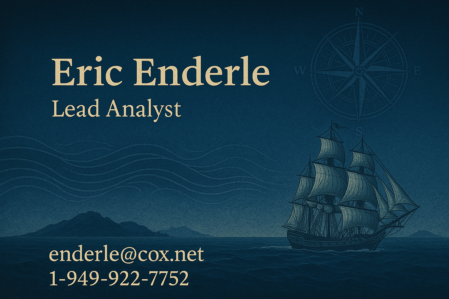 Business card for Eric Enderle, Lead Analyst at Seven Seas Archaeometallurgy Research