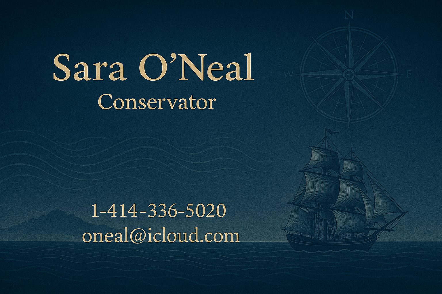 Business card for Sara O’Neal, Conservator at Seven Seas Archaeometallurgy Research